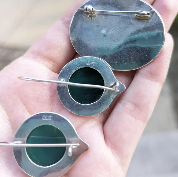 Vintage sterling silver brooch and earring set 925 green stone circle oval - Picture 5 of 6